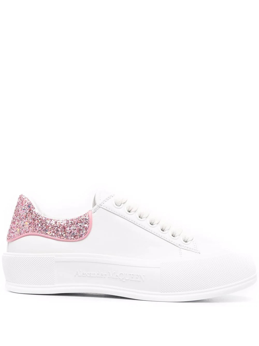 Weißer Canvas Low-Top Sneaker mit pinkem Glitzer-Heel